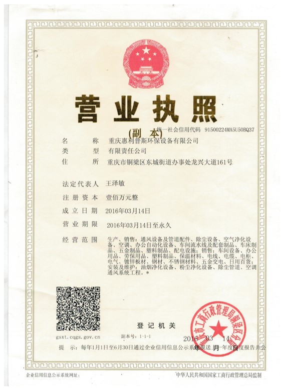 重庆惠利普斯环保设备有限公司营业执照副本
